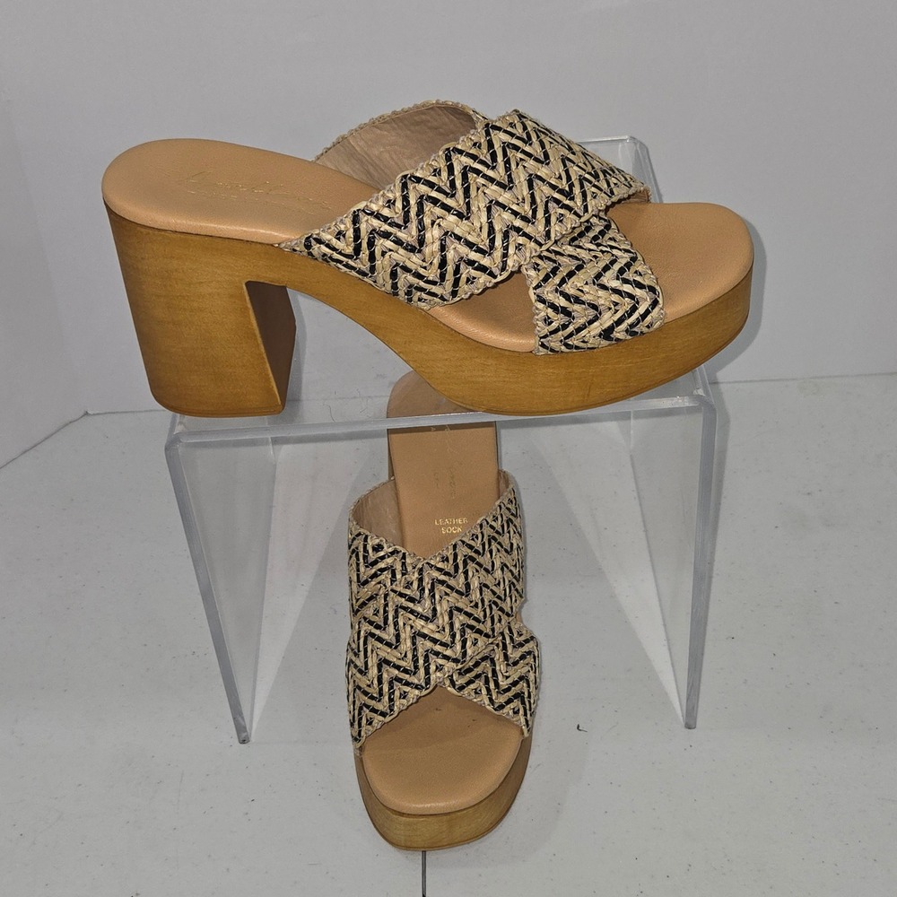 Avellini Italy Woven Raffia Platform Mules Wood Block Heel Sandals Tan Black 39